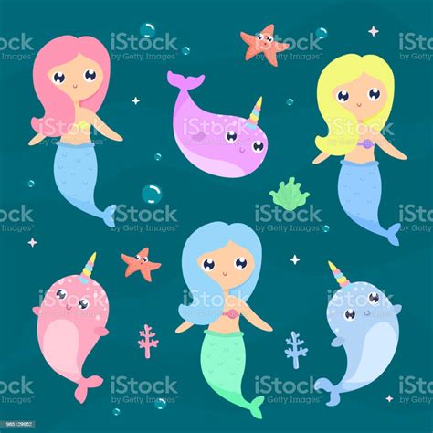 Mermaid And Narwhals Vector Illustration Stock Illustration Download