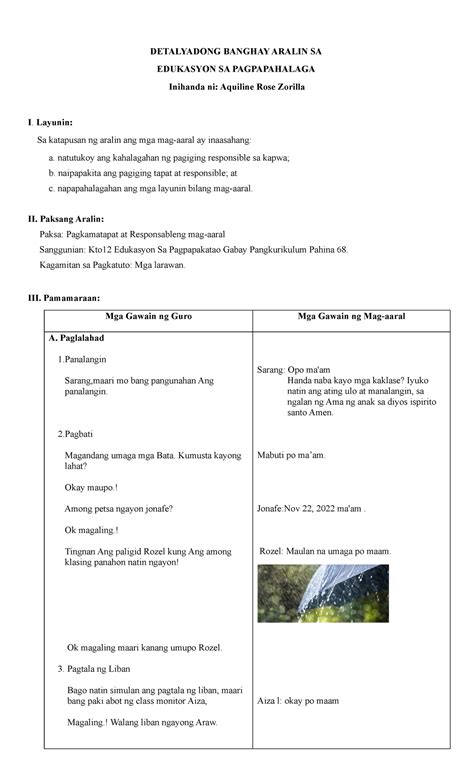 GMRC Sample Of A Detailed Lesson Plan DETALYADONG BANGHAY ARALIN SA