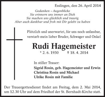 Traueranzeigen Von Rudi Hagemeister Zeit Des Gedenkens De