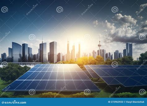 Pannelli Solari Fotovoltaici In Campo Verde Con Paesaggio Urbano Che