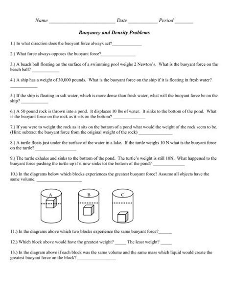 Density And Buoyancy Worksheets Mass And Volume Chemistry