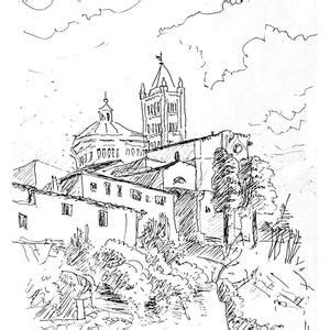 Italy, Tuscany, Art Print of Original Pencil Sketch, Landscape, Church ...