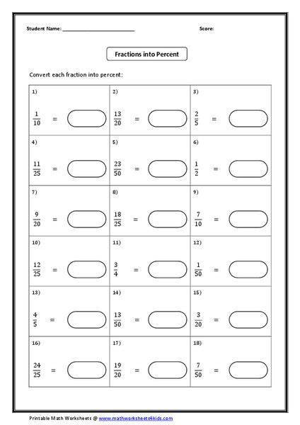 Fractions Into Percent Worksheet For 5th 6th Grade Lesson Planet