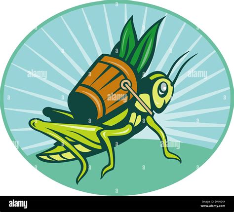 Illustration Of A Grasshopper Carrying Basket With Leaves With Sunburst In Background Set Inside