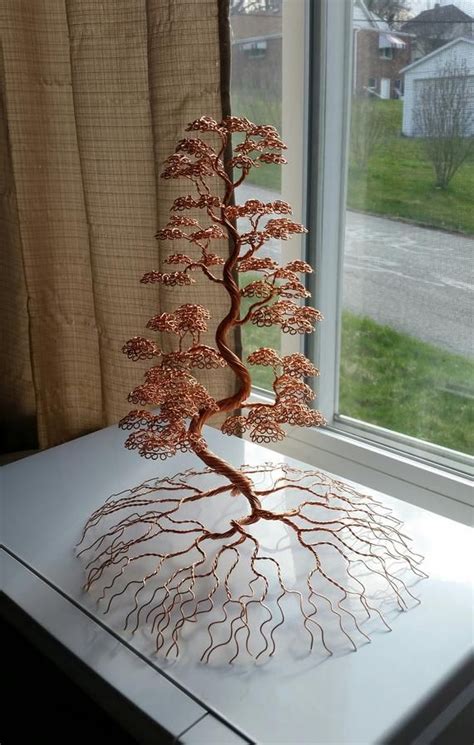 Large Copper Wire Rooted Bonsai Tree Metal Art Sculpture Wire Art