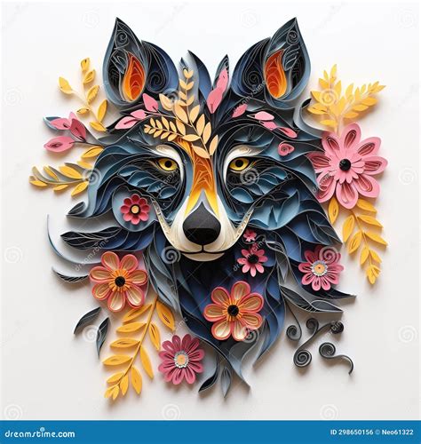 Beautiful Papercut Quilling Paper Filigree Wolf Colorful Flowers