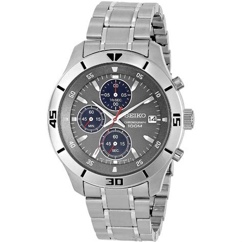 Seiko Men S Stainless Steel Chronograph Watch With Grey Face And Blue