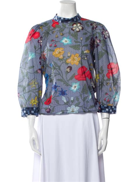 St John Floral Print Turtleneck Blouse Grey Tops Clothing