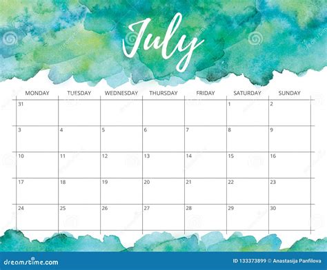 July Watercolor Calendar Stock Illustration Illustration Of Month