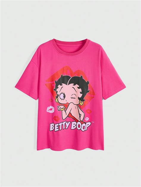 Betty Boop ROMWE Camiseta Solta de Ombro Caído Estampa de