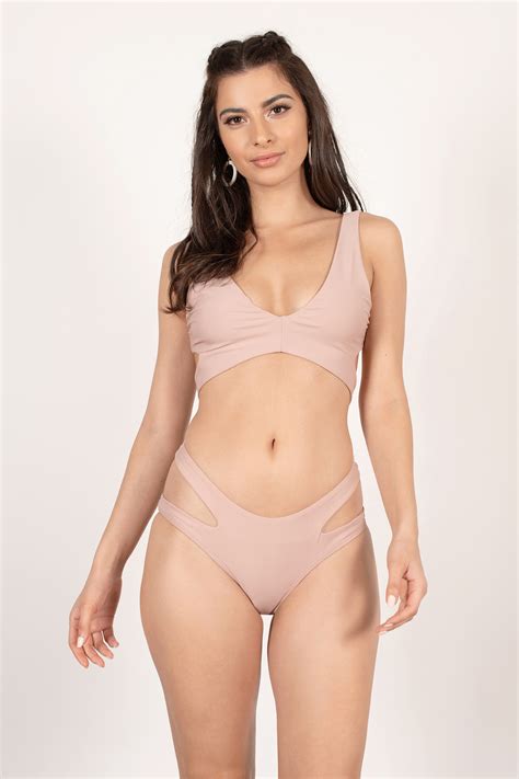 Purple Bikini Hip Cut Out Bikini Mauve Strappy Mid Rise Bikini