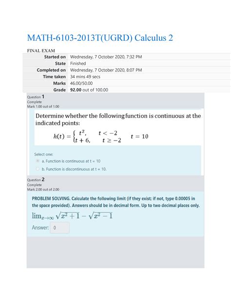 Calculus 2 Final EXAM Das MATH 6103 2013T UGRD Calculus 2 FINAL