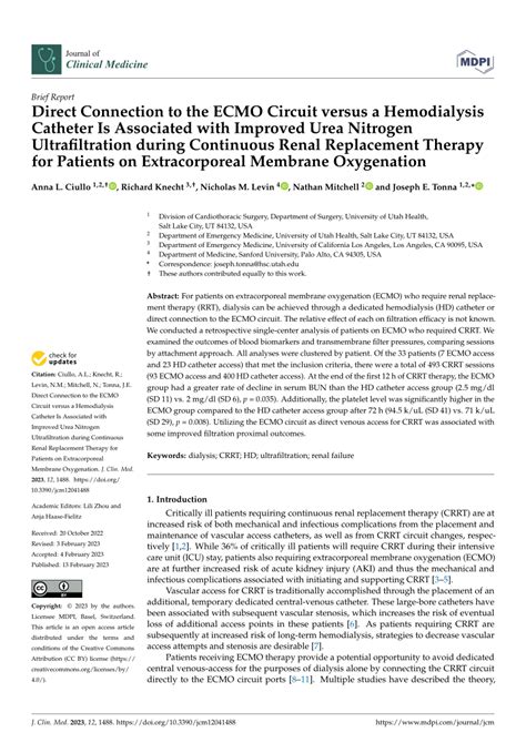 Pdf Direct Connection To The Ecmo Circuit Versus A Hemodialysis