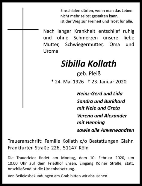 Traueranzeigen Von Sibilla Kollath Wirtrauern