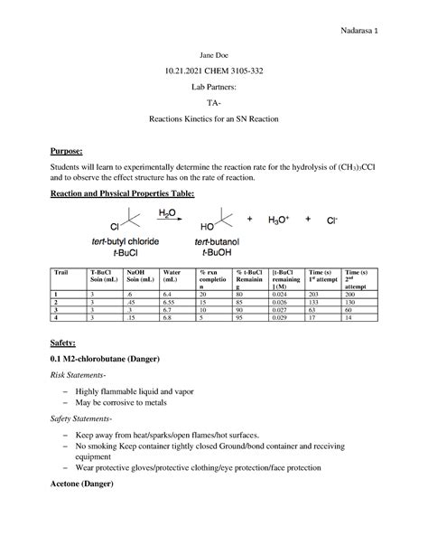 Lab Report 8 Final Jane Doe 1021 Chem 3105 Lab Partners Ta Reactions Kinetics For An Sn