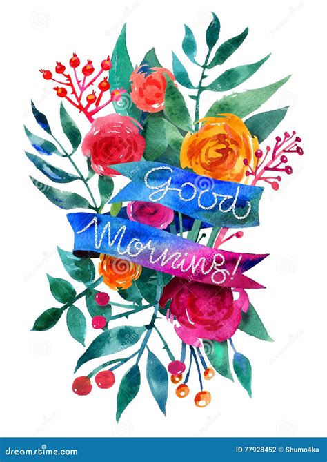 Good Morning Watercolor Flower Card Beautiful Floral Greeting C Stock Vector Illustration Of