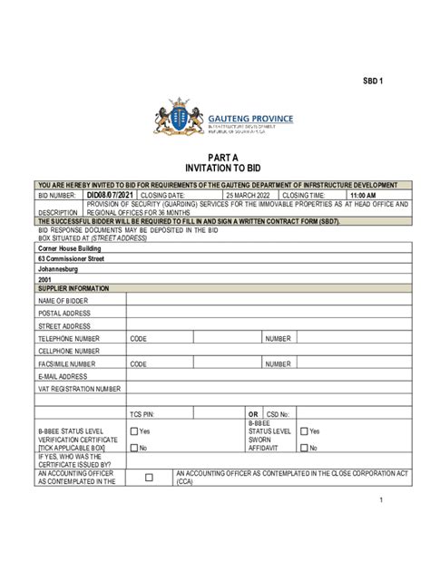 Fillable Online 1 SBD 1 PART A INVITATION TO BID YOU ARE HEREBY Fax