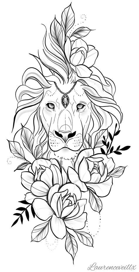 Lion Tatouage Fleur Imprimable Design Tattoo Etsy Laurenceveillx