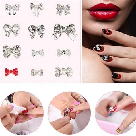 10pcs Silver Bow Tie Nail Alloy Crystal Ab Rhinestones Tiny Bow