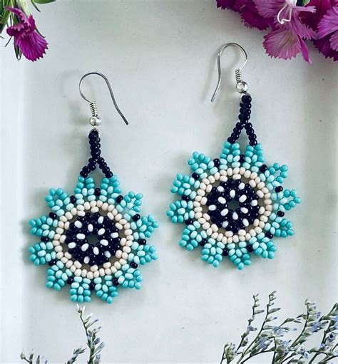 Chaquira Beaded Flowered Earrings Mexican Beaded Earrings Etsy