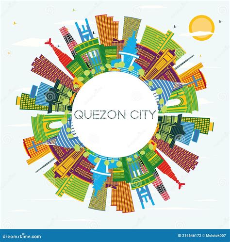 Quezon City Philippines City Skyline With Color Buildings Blue Sky And