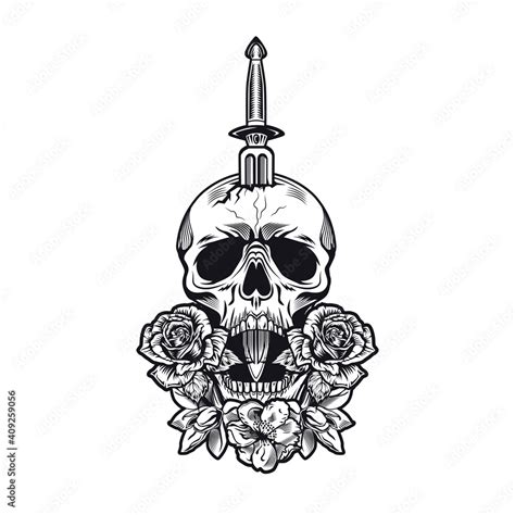 Retro Dagger And Roses Tattoo Design Monochrome Element With Flowers