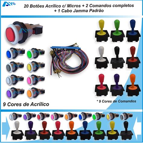 Kit 20 Botões Arcade Acrílico C Micros 2 Comandos 1 Cabo Jamma