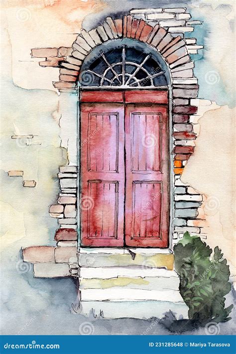 Watercolor Illustration Of An Old Arched Wooden Door Painted In Red