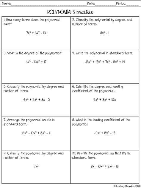 Polynomials Grade 10 Worksheet