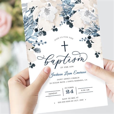 Editable Baptism Invite Navy Blue Boy Baptism Invitation Etsy