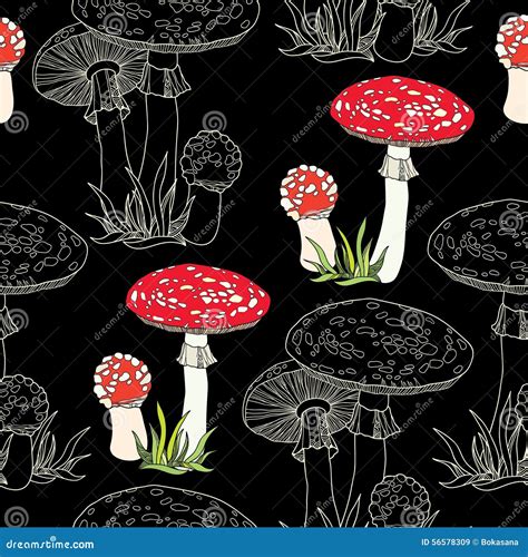 Seamless Pattern With Decorative Amanita And Grass On The Black