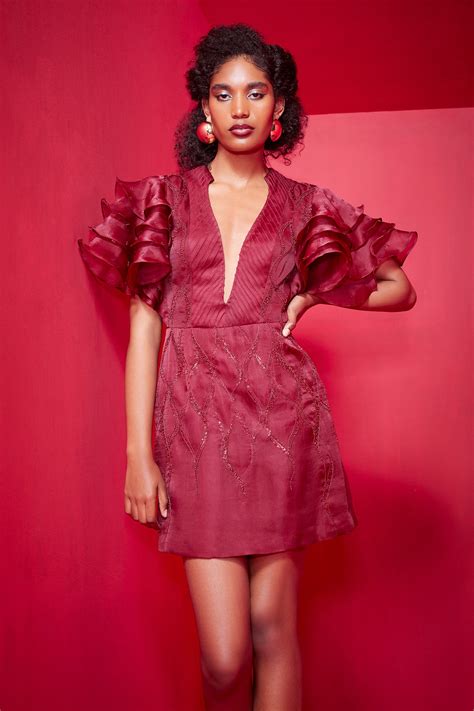 Buy Maroon Organza Embroidered Sequin Plunge Ruffle Sleeve Short Dress