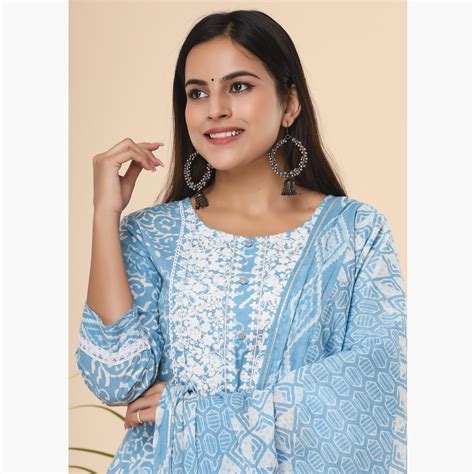 Blue Printed Cotton Anarkali Kurti Pant Set With Dupatta