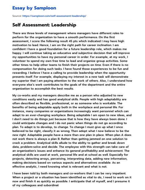 Self Assessment Leadership Free Essay Sample On Samploon