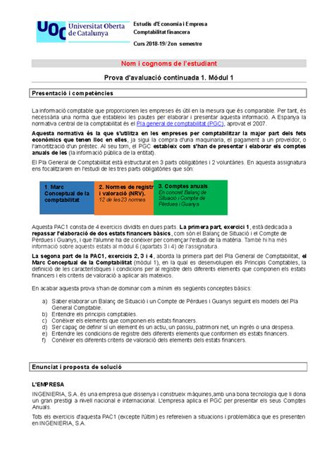 Comptabilitat Financera PAC1 Solució V2 Estudis d Economia i Empresa