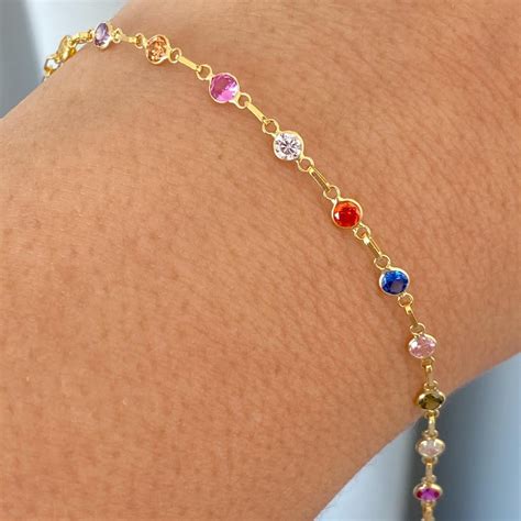 Pulseira Infantil Pedras Zirconias Coloridas Ouro 18K