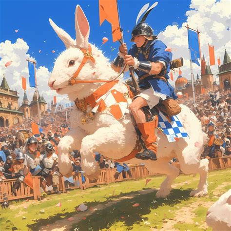 Jousting Knight Rides Giant Rabbit Fantasy Sports Illustrated Stock