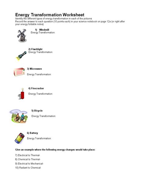 Energy Transformation Worksheet Answer Key