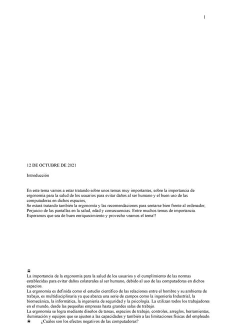 Ergonomia e importancia nnin 12 DE OCTUBRE DE 2021 Introducción En