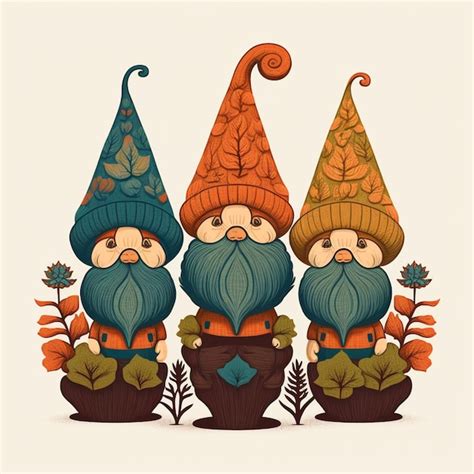 Premium Photo Three Gnomes With Hats And Beards Are Standing In A Row