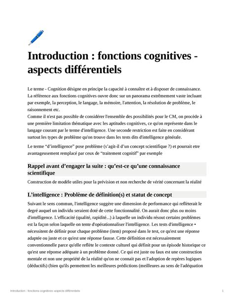 Intro Cognitif Diff 🖊 Introduction Fonctions Cognitives Aspects