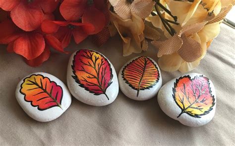 Fall Leaves Painted Rocks Set Of 4 Painted Leaf Rocks Autumn Leaves