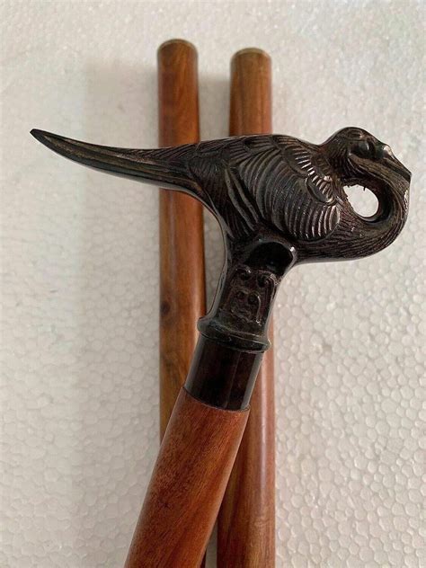 Victorian Antique Brass Swan Handle Wooden Cane Victo Gem