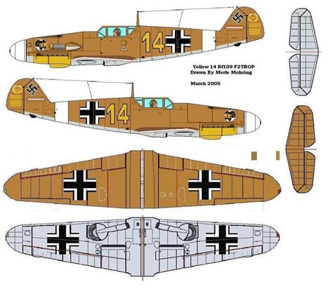 Paper Model Airplane Template 2D WWII Germany Me 109F 2Yellow14J