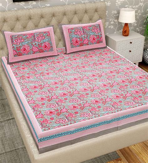 Buy Pink Floral 300 Tc Cotton Double King Sized Bedsheet With 2 Pillow