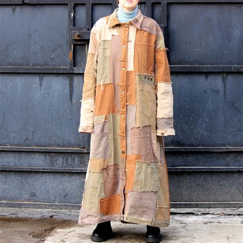 Yellow Patchwork Long Ripped Denim Coat Art Jeans Robe Unisex