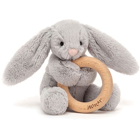 Little Jellycat Bashful Silver Bunny Wooden Teething Ring And Rattle