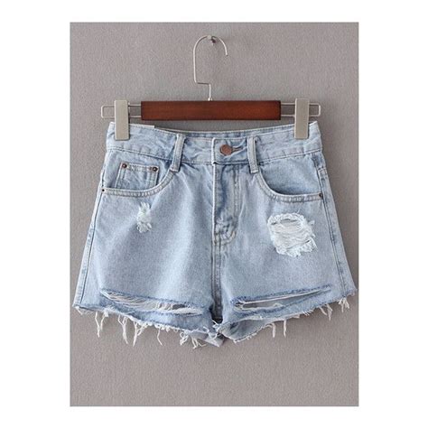 Light Blue Pockets Ripped Hole Denim Shorts Sheinsheinside Denim