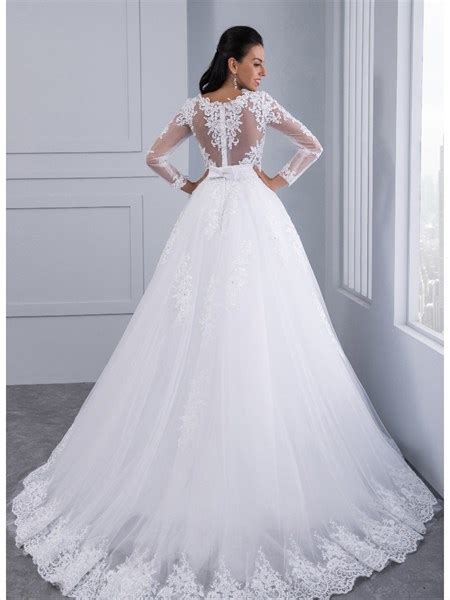 Long Sleeve Illusion Bodice A Line Satin Wedding Dress With Open Back