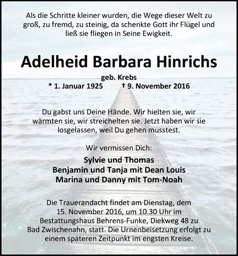 Traueranzeigen Von Adelheid Barbara Hinrichs Nordwest Trauer De